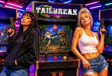 Two armed women stand in front of a Tailbreak arcade cabinet surrounded by colorful neon lights.