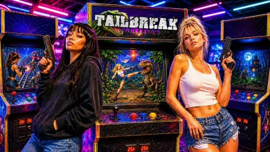 Two armed women stand in front of a Tailbreak arcade cabinet surrounded by colorful neon lights.