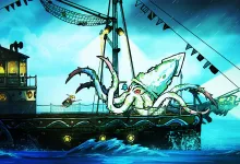 A rat warrior faces a giant sea creature aboard a ship in Tails of Iron 2: Blood & Brine.