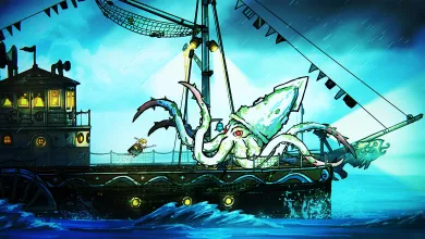 A rat warrior faces a giant sea creature aboard a ship in Tails of Iron 2: Blood & Brine.