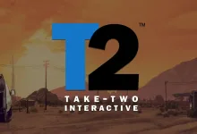 Take-Two Interactive logo over a desert landscape with utility poles, buildings, and mountains