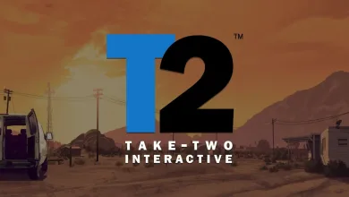 Take-Two Interactive logo over a desert landscape with utility poles, buildings, and mountains