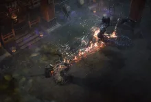 Characters battle a dark creature inside a temple-like setting in Tarae: The Unbound.