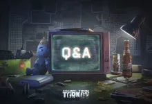 A vintage television displaying Q&A beside Escape from Tarkov branding and gaming items on a desk