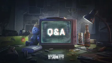 A vintage television displaying Q&A beside Escape from Tarkov branding and gaming items on a desk