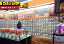 TCG Card Shop Simulator 1.0 artwork showing a brightly lit card shop filled with Tetramon trading cards and display shelves