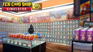 TCG Card Shop Simulator 1.0 artwork showing a brightly lit card shop filled with Tetramon trading cards and display shelves