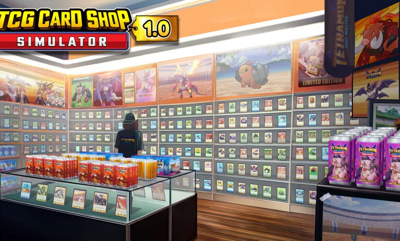 TCG Card Shop Simulator 1.0 artwork showing a brightly lit card shop filled with Tetramon trading cards and display shelves