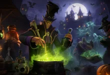 A stylized Halloween scene of a Team Fortress 2-inspired character brewing a glowing green potion while spooky figures and ghosts gather near a moonlit castle.