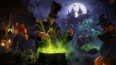 A stylized Halloween scene of a Team Fortress 2-inspired character brewing a glowing green potion while spooky figures and ghosts gather near a moonlit castle.