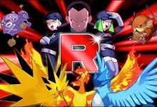 Team Rocket members and Pokémon including Mewtwo, Moltres, Articuno, and Zapdos against a red background in Pokémon TCG Pocket artwork.