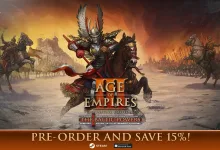 Promotional Age of Empires III: Definitive Edition artwork showing mounted warriors and opposing armies with The Baltic Powers title and pre-order offer.