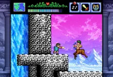 The hero battles a centaur on a rocky platform in The Battle of Olympus