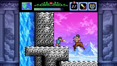The hero battles a centaur on a rocky platform in The Battle of Olympus
