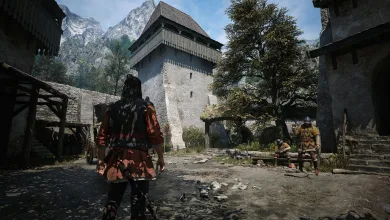 The Blood of Dawnwalker screenshot showing a character in a medieval settlement beneath towering mountains