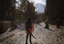 A character walks through a medieval town in The Blood of Dawnwalker