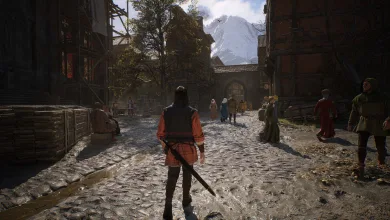 A character walks through a medieval town in The Blood of Dawnwalker
