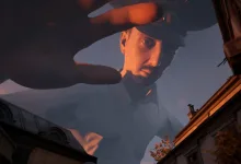 A colossal policeman looms over rooftops in Militsioner