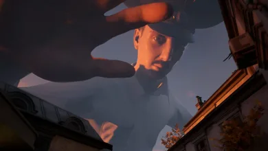 A colossal policeman looms over rooftops in Militsioner