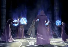 Hooded figures gather around glowing blue orbs in a dark council chamber.