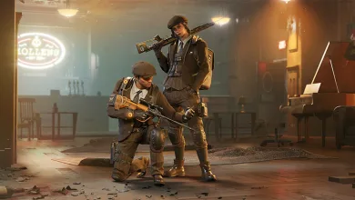 Two armed Division agents stand in a damaged interior beside a piano