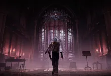 A lone character walks through a dim gothic hall in The Duskbloods.