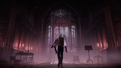 A lone character walks through a dim gothic hall in The Duskbloods.
