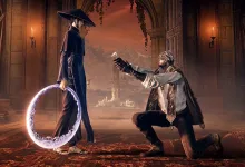 Two fantasy characters from The Duskbloods meet in an ornate hall, with one kneeling and extending a hand toward the other.