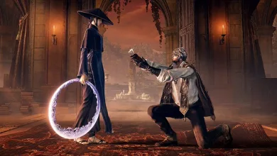 Two fantasy characters from The Duskbloods meet in an ornate hall, with one kneeling and extending a hand toward the other.