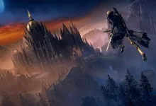 A warrior descends above a gothic castle in a moonlit dark fantasy landscape from The Duskbloods.