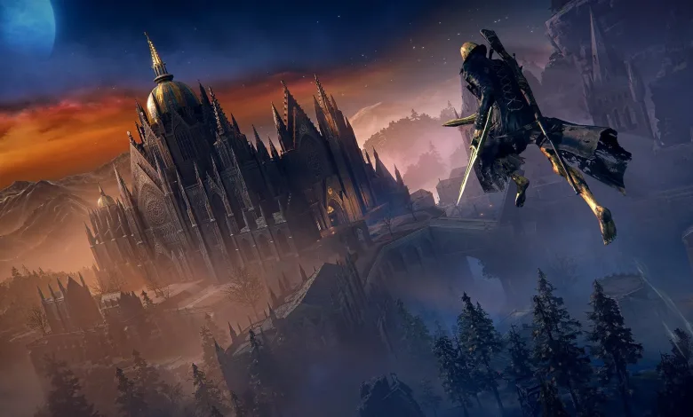 A warrior descends above a gothic castle in a moonlit dark fantasy landscape from The Duskbloods.