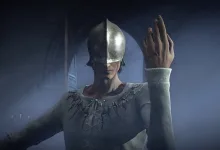 A masked character from The Duskbloods raises a hand in a moonlit setting.