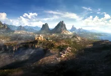 A wide fantasy landscape with a fortress, rugged mountains, and a coastline, accompanying discussion of The Elder Scrolls 6 setting theories.