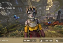 A Khajiit character stands in an Elder Scrolls Online scene beneath the game's logo and a Patch Notes label.
