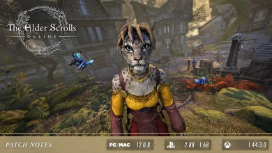 A Khajiit character stands in an Elder Scrolls Online scene beneath the game's logo and a Patch Notes label.