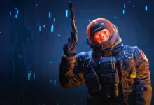 A futuristic contestant in an orange-lit space helmet and dark tactical suit holds a rifle against a blue digital background in THE FINALS.