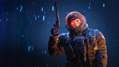 A futuristic contestant in an orange-lit space helmet and dark tactical suit holds a rifle against a blue digital background in THE FINALS.
