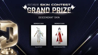 Official 2026 Skin Contest Grand Prize graphic showing the two winning Descendant skin designs