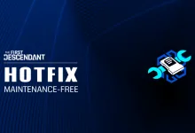 Blue The First Descendant hotfix graphic showing the Hotfix Maintenance-Free text and a repair icon