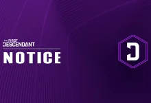 The First Descendant notice graphic with the game logo, the word "NOTICE," and a purple hexagonal icon