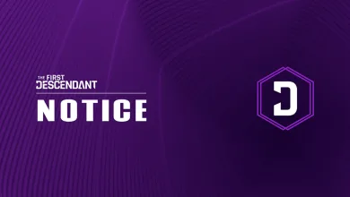 The First Descendant notice graphic with the game logo, the word "NOTICE," and a purple hexagonal icon