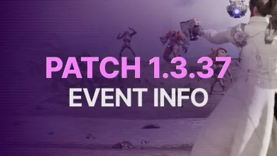 The First Descendant Patch 1.3.37 Event Info graphic showing a white-clad character and enemies in a purple-toned scene.