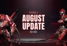 Red armored characters flank Season 4 August Update Dev Note text in The First Descendant artwork