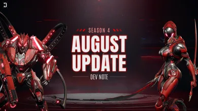 Red armored characters flank Season 4 August Update Dev Note text in The First Descendant artwork
