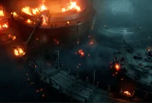 A burning futuristic battlefield with circular platforms in The First Descendant