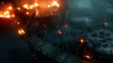 A burning futuristic battlefield with circular platforms in The First Descendant