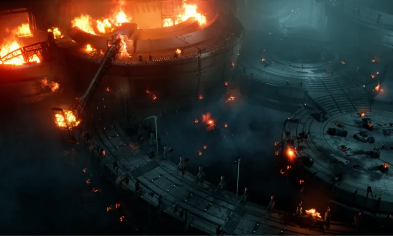 A burning futuristic battlefield with circular platforms in The First Descendant