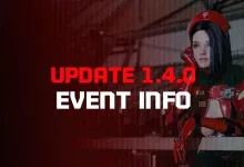 The First Descendant Update 1.4.0 Event Info graphic showing a red-armored character beside the event information title