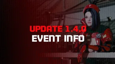 The First Descendant Update 1.4.0 Event Info graphic showing a red-armored character beside the event information title