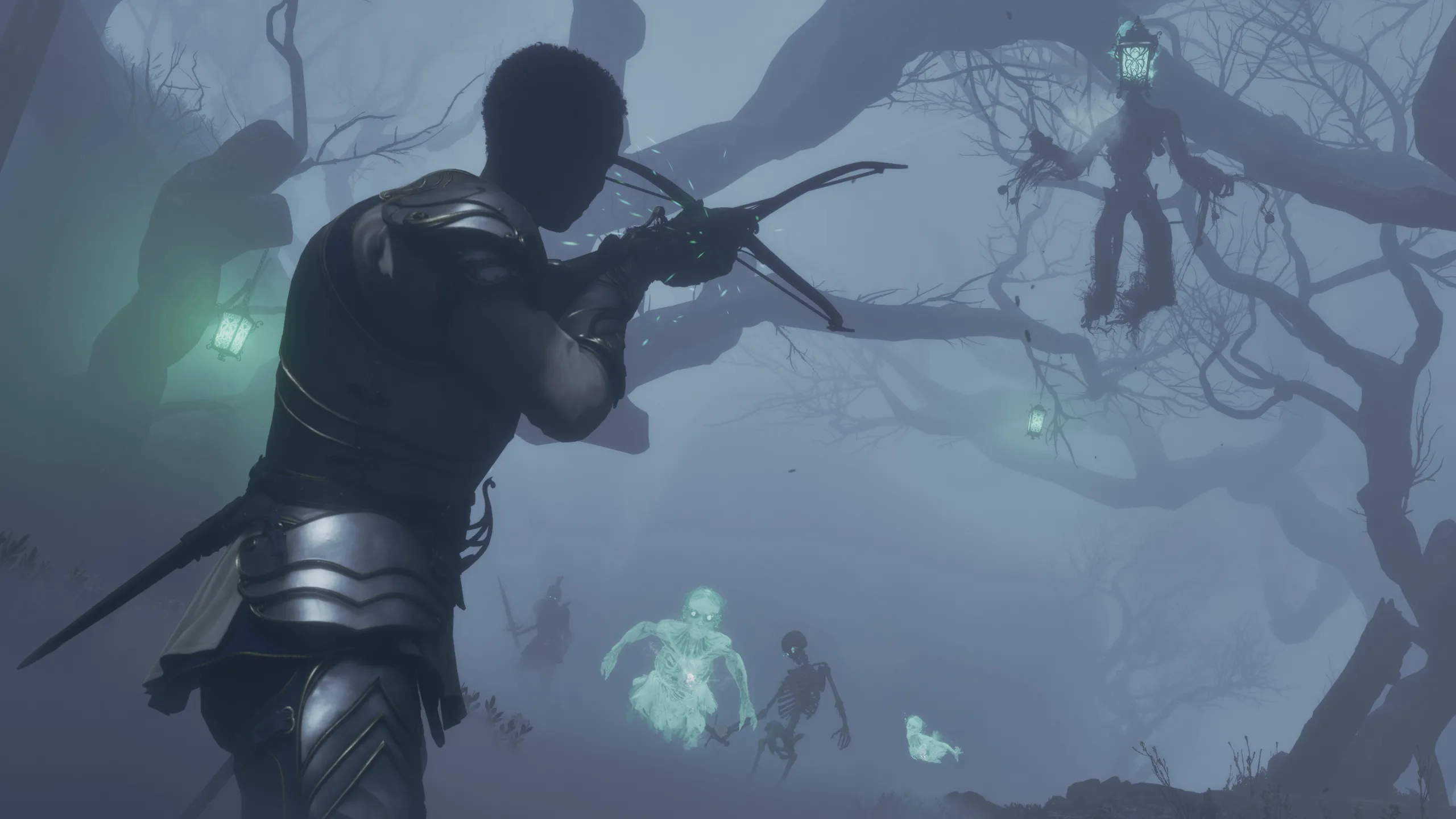 The Hero aims a ranged weapon at spectral enemies in a foggy forest.